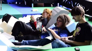 HAMBURG, GERMANY - DECEMBER 28:  Participants rest in a foam pit at the annual Chaos Computer Club (CCC) computer hackers' congress, called 29C3, on December 28, 2012 in Hamburg, Germany. The 29th Chaos Communication Congress (29C3) attracts hundreds of participants worldwide annually to engage in workshops and lectures discussing the role of technology in society and its future. (Photo by Patrick Lux/Getty Images)