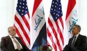 الرئيس الأمريكي باراك اوباما (الى اليمين) خلال اجتماع مع العبادي في المانيا يوم الاثنين. تصوير: كيفن لامارك - رويترز.