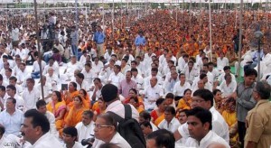 Members of the Indian Jain community participate in a rally after a march protesting the Rajasthan State High Court ruling against Santhara, a Jain practice of fasting unto death, in Jaipur on August 24, 2015. Thousands of members of the austere Jain religion protested across India for the legal right to take part in an ancient ritual of starving themselves to death.  AFP PHOTO        (Photo credit should read STR/AFP/Getty Images)