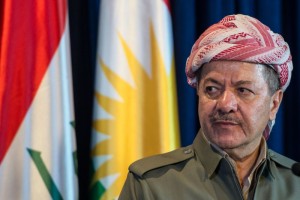 25 Sep 2014, Erbil, Iraq --- Masoud Barzani, President of the Kurdish Autonomous Region in North Iraq and German Defence Minister Ursula von der Leyen (not pictured) hold a press conference in Erbil, Iraq, 25 September 2014. Von der Leyen is traveling to Iraq for the day. Photo: MAJA HITIJ/dpa --- Image by © Maja Hitij/dpa/Corbis